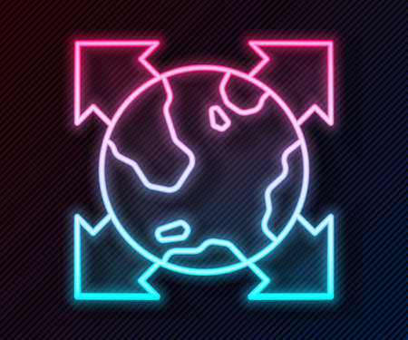 Glowing neon line World globe with compass icon isolated on black background. Vectorのイラスト素材
