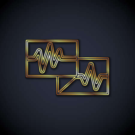 Gold line Computer monitor with cardiogram icon isolated on black background. Monitoring icon. ECG monitor with heart beat hand drawn. Vectorのイラスト素材