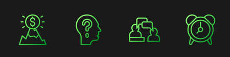 Set line Two sitting men talking, Mountains with flag, Head question mark and Alarm clock. Gradient color icons. Vectorのイラスト素材