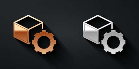 Gold and silver Isometric cube icon isolated on black background. Geometric cubes solid icon. 3D square sign. Box symbol. Long shadow style. Vectorのイラスト素材
