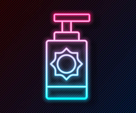 Glowing neon line Sunscreen spray bottle icon isolated on black background. Protection for the skin from solar ultraviolet light. Vectorのイラスト素材