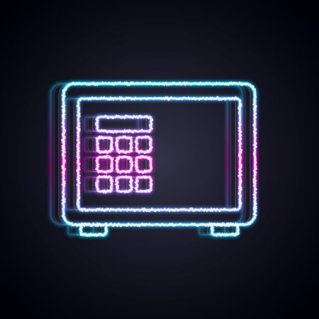 Glowing neon line Safe icon isolated on black background. The door safe a bank vault with a combination lock. Reliable Data Protection. Vectorのイラスト素材