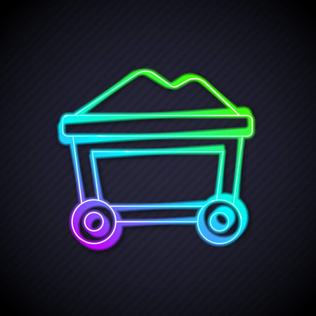 Glowing neon line Mine cart with gold icon isolated on black background. Vectorのイラスト素材