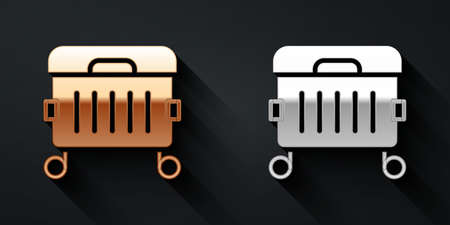 Gold and silver Trash can icon isolated on black background. Garbage bin sign. Recycle basket icon. Office trash icon. Long shadow style. Vectorのイラスト素材