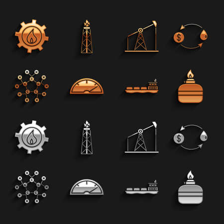 Set Speedometer, Oil exchange, Alcohol or spirit burner, tanker ship, Molecule oil, pump pump jack, industrial factory building and rig with fire icon. Vectorのイラスト素材