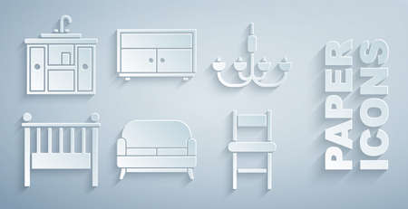 Set Sofa, Chandelier, Baby crib cradle bed, Chair, Chest drawers and Washbasin cabinet with tap icon. Vectorのイラスト素材