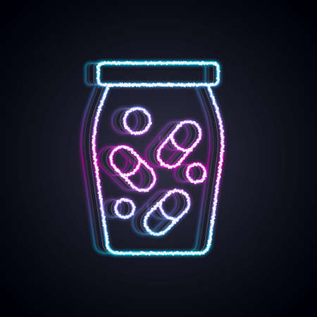 Glowing neon line Medicine bottle and pills icon isolated on black background. Bottle pill sign. Pharmacy design. Vectorのイラスト素材