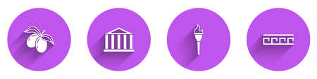 Set Olives branch, Parthenon, Torch flame and Ancient Greek pattern icon with long shadow. Vectorのイラスト素材