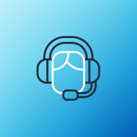 Line Woman with a headset icon isolated on blue background. Support operator in touch. Concept for call center, client support service. Colorful outline concept. Vectorのイラスト素材