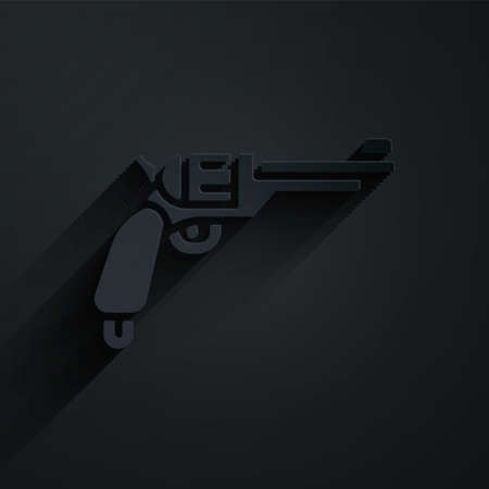 Paper cut Revolver gun icon isolated on black background. Paper art style. Vectorのイラスト素材