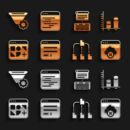Set Browser window, Data analysis, Failed access cloud storage, Folder tree, Different files, Server, Data, Web Hosting, Filter setting and Software icon. Vectorのイラスト素材