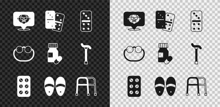 Set Grandfather, Domino, Pills blister pack, Slippers, Walker, Eyeglasses and Medicine bottle pills icon. Vectorのイラスト素材