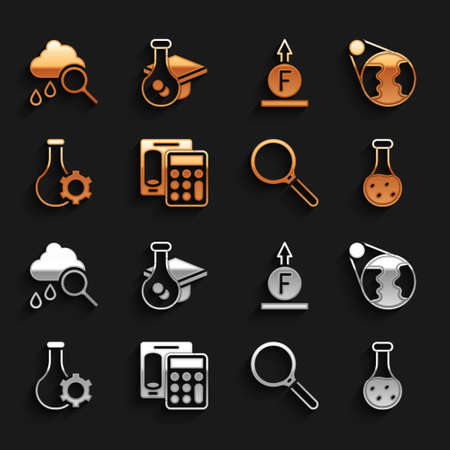 Set Calculator, Earth globe, Test tube, Magnifying glass, Force of physic formula, Cloud with rain and Graduation cap icon. Vectorのイラスト素材