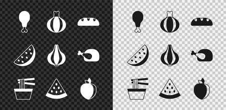 Set Chicken leg, Onion, Bread loaf, Asian noodles in bowl, Watermelon, Plum fruit, and Garlic icon. Vectorのイラスト素材