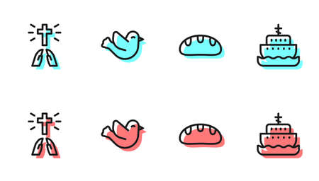 Set line Bread loaf, Hands in praying position, Dove and Ark of noah icon. Vectorのイラスト素材