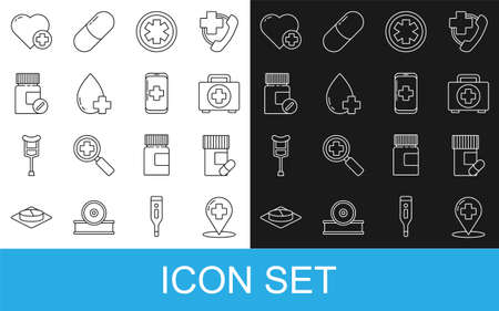 Set line Map pointer with cross hospital, Medicine bottle and pills, First aid kit, Medical symbol of the Emergency, Donate drop blood, Heart and mobile phone call to icon. Vectorのイラスト素材