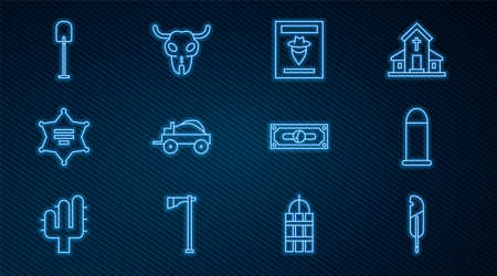 Set line Feather pen, Bullet, Wanted western poster, Wild covered wagon, Hexagram sheriff, Shovel, Stacks paper money cash and Buffalo skull icon. Vectorのイラスト素材