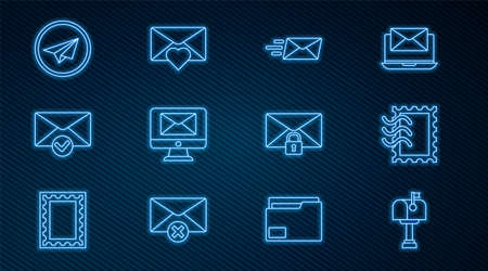 Set line Mail box, Postal stamp, Express envelope, Monitor and, Envelope check mark, Paper plane, message lock password and with Valentine heart icon. Vectorのイラスト素材