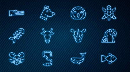Set line Fish, Macaw parrot, Owl bird, Cow head, skeleton, Crocodile, Rhinoceros and Dog icon. Vectorのイラスト素材