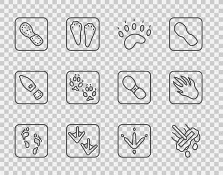 Set line Human footprint, Mop, Bear paw, Goose, footprints shoes, Fox, Chicken and Alligator crocodile icon. Vectorのイラスト素材