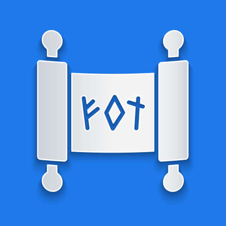 Paper cut Magic scroll icon isolated on blue background. Decree, paper, parchment, scroll icon. Paper art style. Vectorのイラスト素材