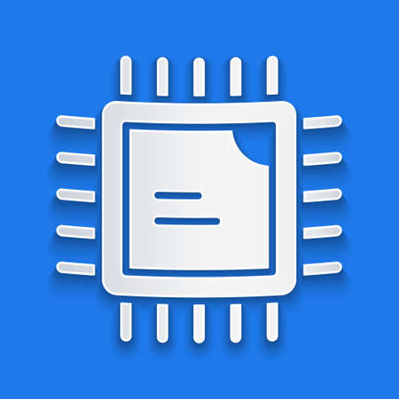 Paper cut Computer processor with microcircuits CPU icon isolated on blue background. Chip or cpu with circuit board. Micro processor. Paper art style. Vectorのイラスト素材