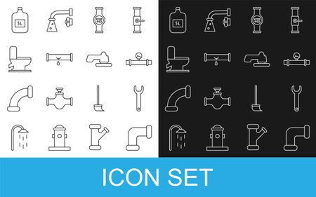 Set line Industry metallic pipe, Wrench spanner, and manometer, Water, Broken with leaking water, Toilet bowl, Big bottle clean and tap icon. Vectorのイラスト素材