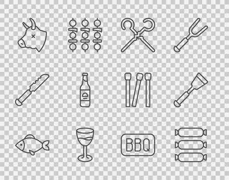 Set line Fish, Sausage, BBQ skewers, Wine glass, Cow head, Beer bottle, Barbecue and Spatula icon. Vectorのイラスト素材