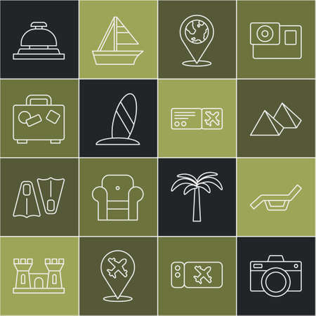 Set line Photo camera, Sunbed and umbrella, Egypt pyramids, Location on the globe, Surfboard, Suitcase, Hotel service bell and Airline ticket icon. Vectorのイラスト素材