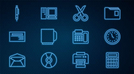 Set line Calculator, Clock, Scissors, Coffee cup, Business card, Pen, Telephone and Computer monitor icon. Vectorのイラスト素材