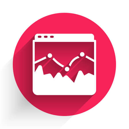 White Music wave equalizer icon isolated with long shadow. Sound wave. Audio digital equalizer technology, console panel, pulse musical. Red circle button. Vectorのイラスト素材