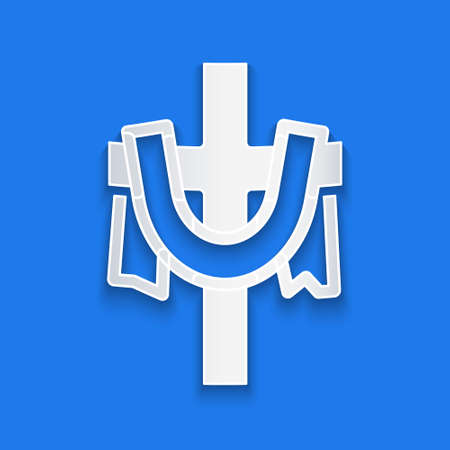Paper cut Christian cross icon isolated on blue background. Church cross. Paper art style. Vectorのイラスト素材