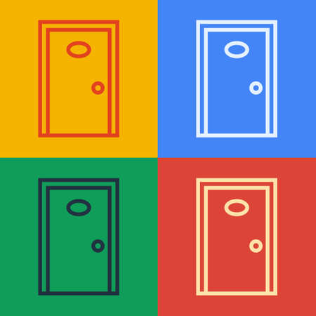 Pop art line Hotel corridor with closed numbered door icon isolated on color background. Vectorのイラスト素材