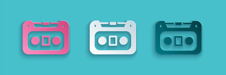 Paper cut Retro audio cassette tape icon isolated on blue background. Paper art style. Vector