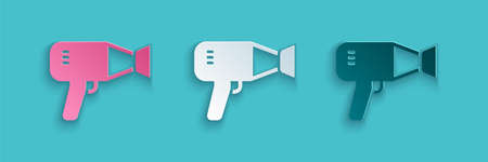 Paper cut Hair dryer icon isolated on blue background. Hairdryer sign. Hair drying symbol. Blowing hot air. Paper art style. Vectorのイラスト素材