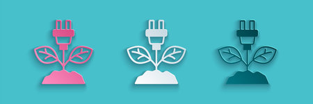 Paper cut Electric saving plug in leaf icon isolated on blue background. Save energy electricity. Environmental protection. Bio energy. Paper art style. Vectorのイラスト素材