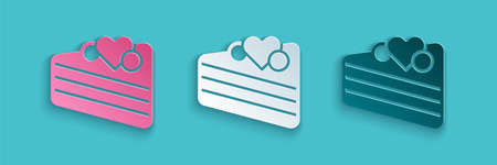 Paper cut Wedding cake with heart icon isolated on blue background. Happy Valentines day. Paper art style. Vectorのイラスト素材