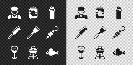 Set Cook, Soda can, Lighter, Wine glass, Barbecue grill, Fish, Meat chopper and Spatula icon. Vectorのイラスト素材