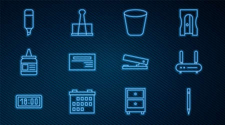 Set line Pencil with eraser, Router and wi-fi signal, Trash can, Business card, Glue, Marker pen, Office stapler and Binder clip icon. Vectorのイラスト素材