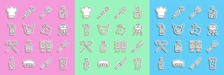 Set line Glass of beer, Barbecue fork, grill, Spatula, Pig, Fire extinguisher, Chef hat and Cow head icon. Vectorのイラスト素材