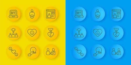 Set line Romantic relationship, Project team base, Good, Happy friendship day, Necklace with heart shaped, BFF or best forever, Dating online and Loss of icon. Vectorのイラスト素材