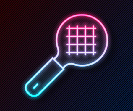 Glowing neon line Tea strainer with handle icon isolated on black background. Metal sieve. Vectorのイラスト素材