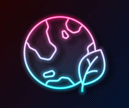 Glowing neon line Earth globe and leaf icon isolated on black background. World or Earth sign. Geometric shapes. Environmental concept. Vectorのイラスト素材