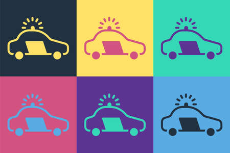 Pop art Police car and police flasher icon isolated on color background. Emergency flashing siren. Vectorのイラスト素材