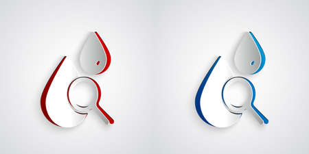 Paper cut Drop and magnifying glass icon isolated on grey background. Paper art style. Vectorのイラスト素材