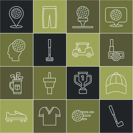 Set line Golf club, Baseball cap, with, on tee, Location golf sport and car icon. Vectorのイラスト素材