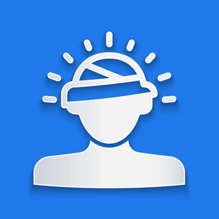 Paper cut Concussion, headache, dizziness, migraine icon isolated on blue background. Paper art style. Vectorのイラスト素材