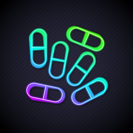 Glowing neon line Medicine pill or tablet icon isolated on black background. Capsule pill and drug sign. Pharmacy design. Vectorのイラスト素材