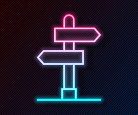 Glowing neon line Road traffic sign. Signpost icon isolated on black background. Pointer symbol. Isolated street information sign. Direction sign. Vectorのイラスト素材