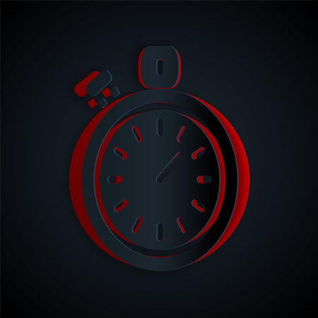 Paper cut Stopwatch icon isolated on black background. Time timer sign. Chronometer sign. Paper art...